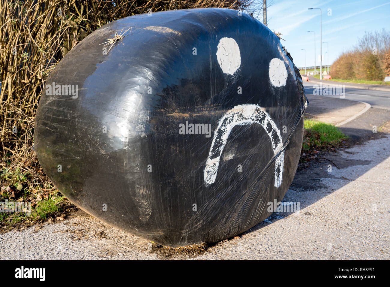 A sad smiley face painted on a hay bale in Cardiff, South Wales Stock Photo