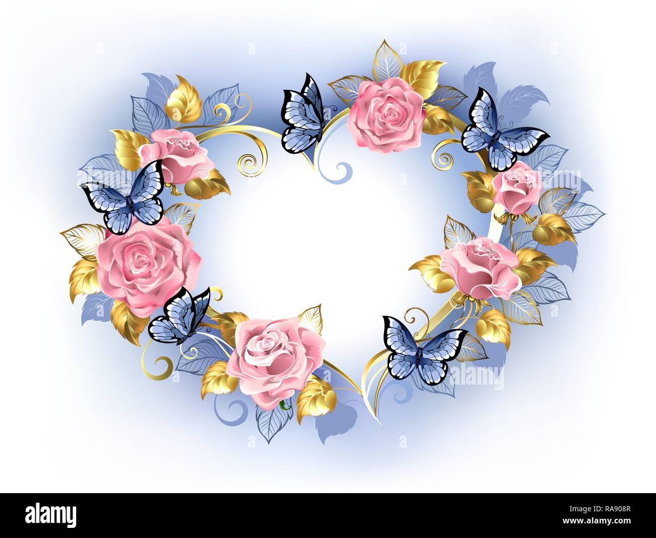 Bright banner in shape of heart with gold frame, decorated with pink roses, leaves and blue butterflies on white background. Stock Vector