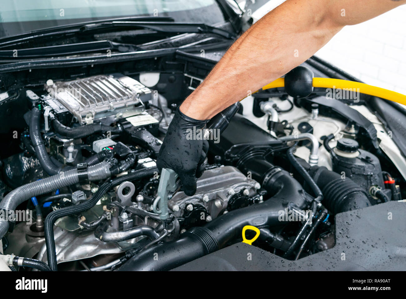 Car detailing maintenance, cleaning engine with hot steam. High pressure washing. Washing at the