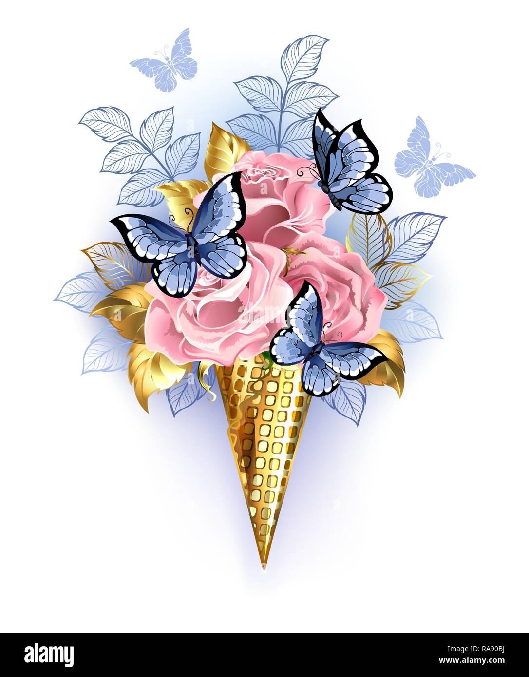 Golden waffle cones with pink roses, decorated with gold and blue leaves, with sitting, realistic blue butterflies on white background. Stock Vector