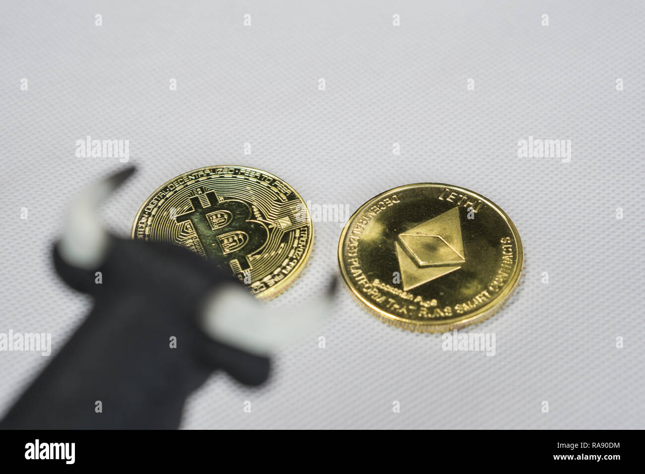 Bull market in crypto currency. Bull above Bitcoin and Ethereum coin Stock Photo