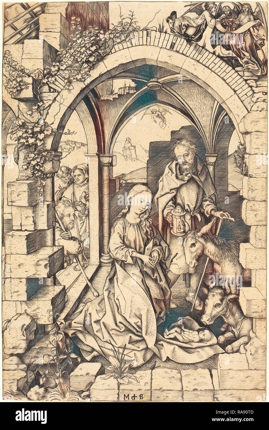 Martin Schongauer (German, c. 1450 - 1491), The Nativity, c. 1470-1475, engraving on laid paper. Reimagined Stock Photo