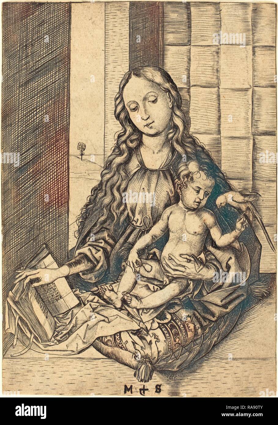 Martin Schongauer (German, c. 1450 - 1491), Madonna with a Parrot, c. 1470-1475, engraving. Reimagined Stock Photo