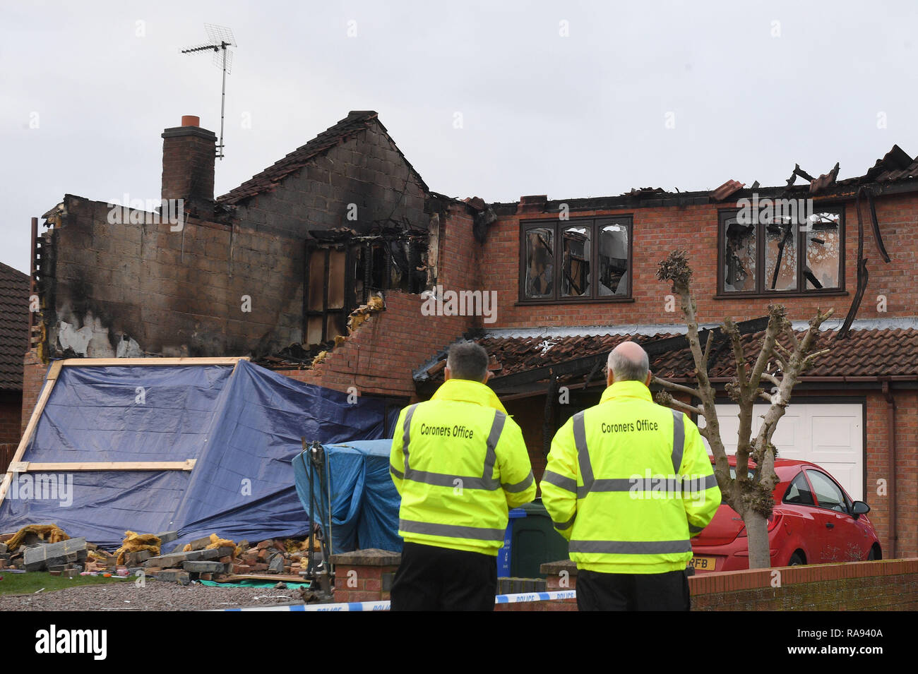 The scene after a house fire in Peartree Road, Kirton, near Boston, in Lincolnshire, where police have launched a domestic-related murder investigation after three people were found dead after the New Year's Day fire. Stock Photo
