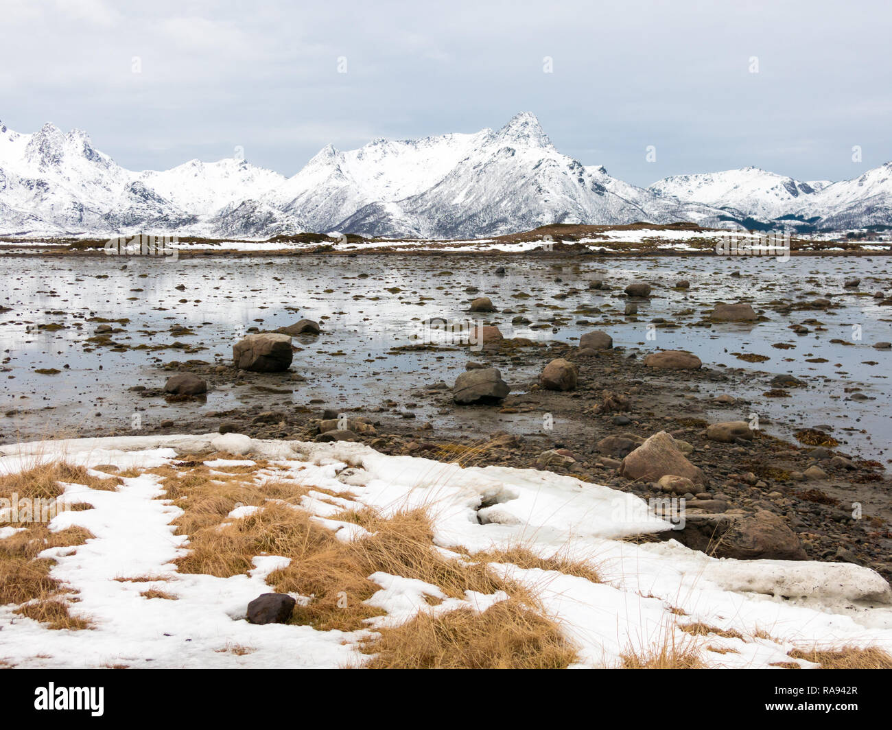 Winter landscape at low tide of Strengelvagfjorden south of Klo on Langoya, Vesteralen, Nordland, Norway Stock Photo