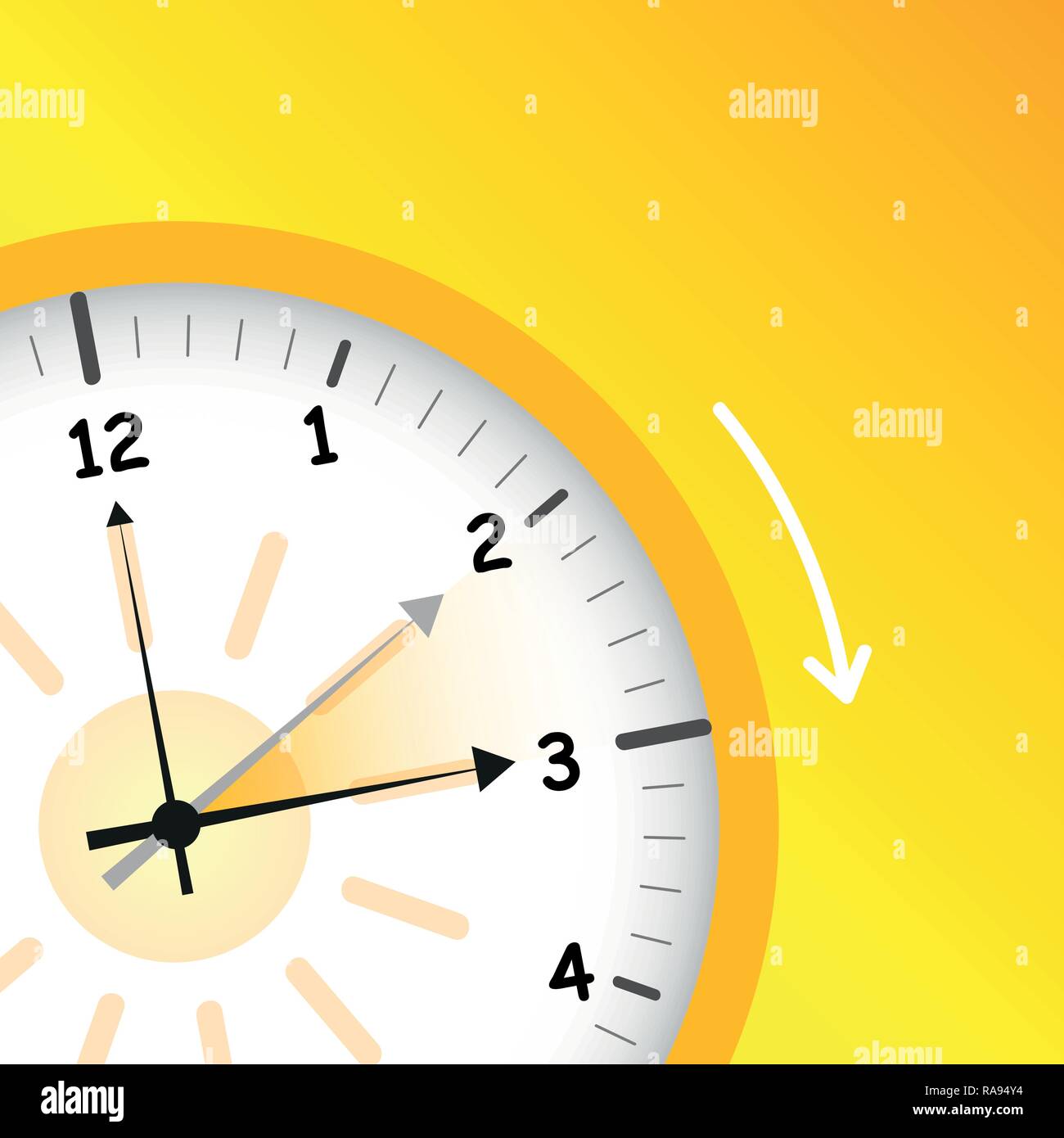 summer time yellow clock standard time after advancing for daylight saving time vector illustration EPS10 Stock Vector