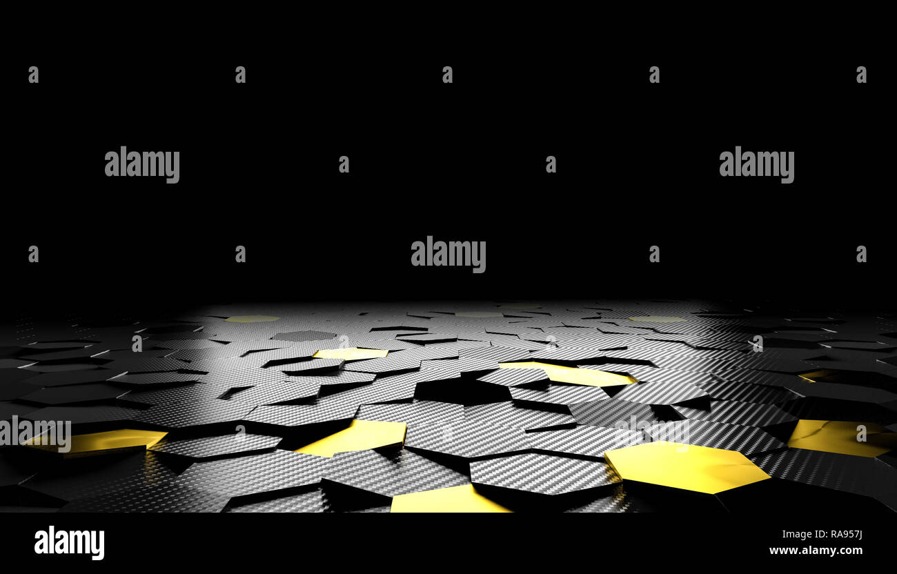 3d rendering image of hexagon carbon fiber and gold background Stock ...