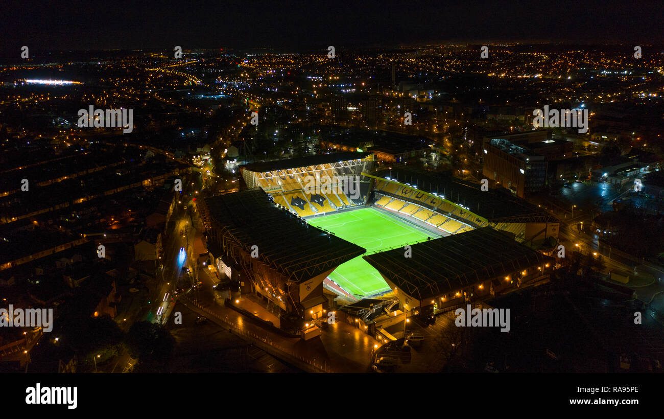 Aerial view of Molineux stadium home of Wolverhampton Wanderers Football Club at night Stock Photo