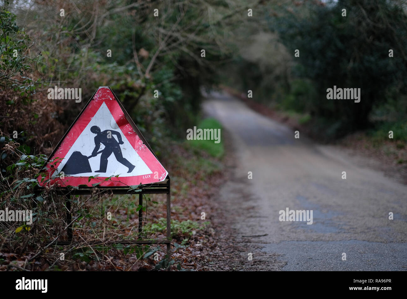 A road works sign on a country road in Cornwall. Stock Photo
