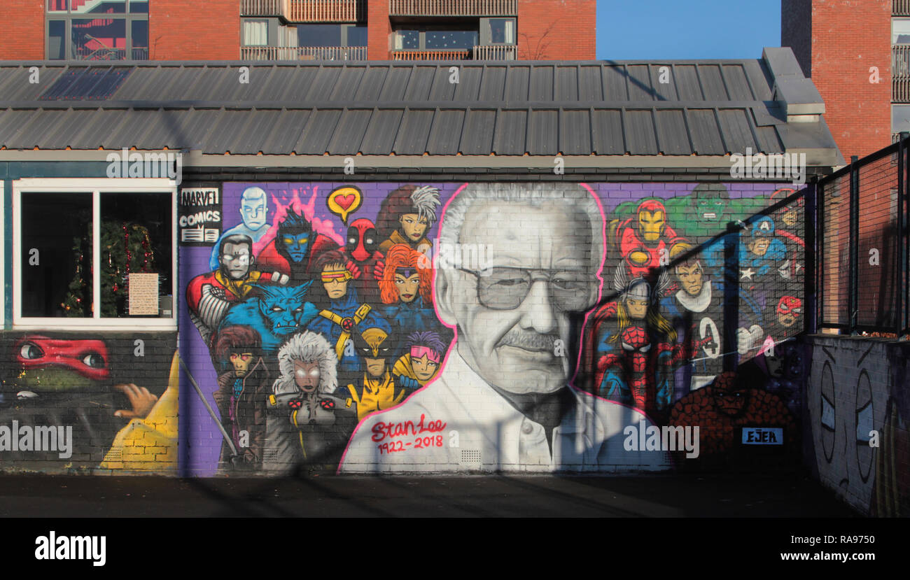 This magnificent mural was painted by the Glasgow artist, EJEK on the wall of the Barn community centre in the Gorbals, Glasgow. It is his tribute to the great comic book, and superhero, creator, Stan Lee who died in November 2018. He immediately got to work on this tribute to his hero and it was unveiled in December 2018. Alan Wylie/ALAMY © Stock Photo