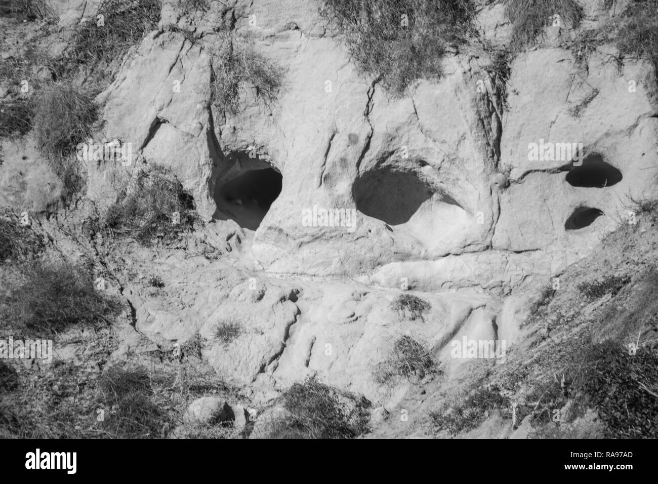 Wind & erosion created face on a hillside in black & white. Stock Photo