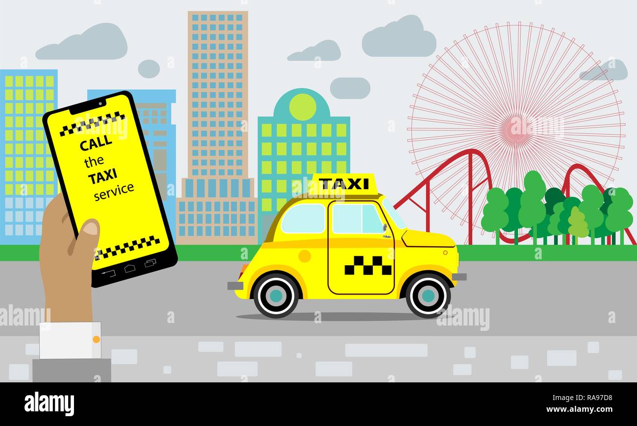 Taxi service. Yellow taxi cab. Hands with smartphone and taxi application, city silhouette with skyscrapers and tower, sky with clouds. Stock Vector