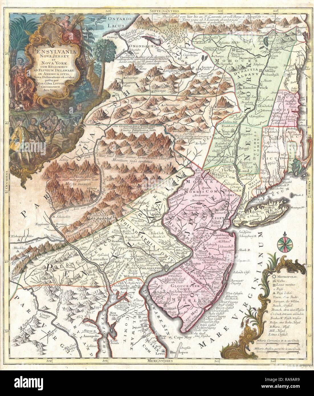 1756, Lotter Map of Pennsylvania, New Jersey and New York. Reimagined by Gibon. Classic art with a modern twist reimagined Stock Photo