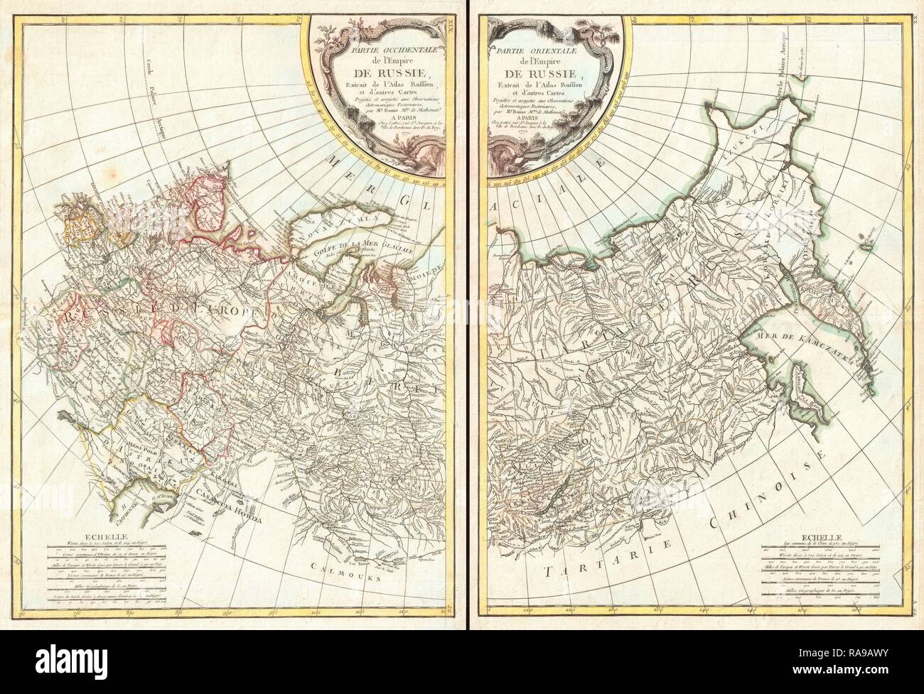 1771, Bonne Map of Russia, 2 maps, Rigobert Bonne 1727 – 1794, one of the most important cartographers of the late reimagined Stock Photo