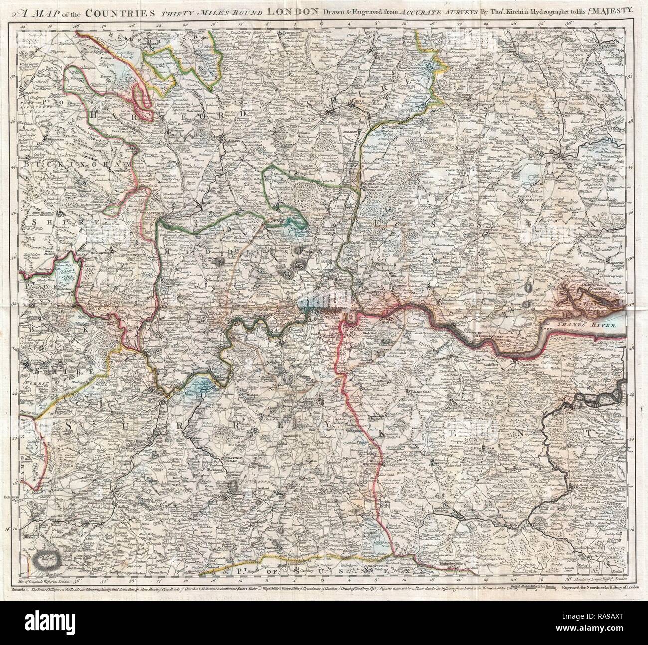 1773, Kitchin Map of the Country 30 Miles around London, England. Reimagined by Gibon. Classic art with a modern reimagined Stock Photo