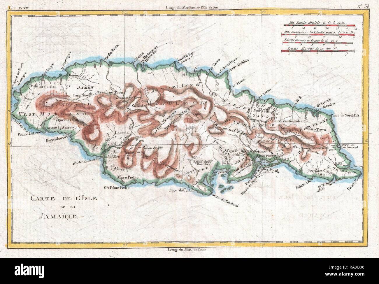 1780, Raynal and Bonne Map of Jamaica, West Indies, Rigobert Bonne 1727
