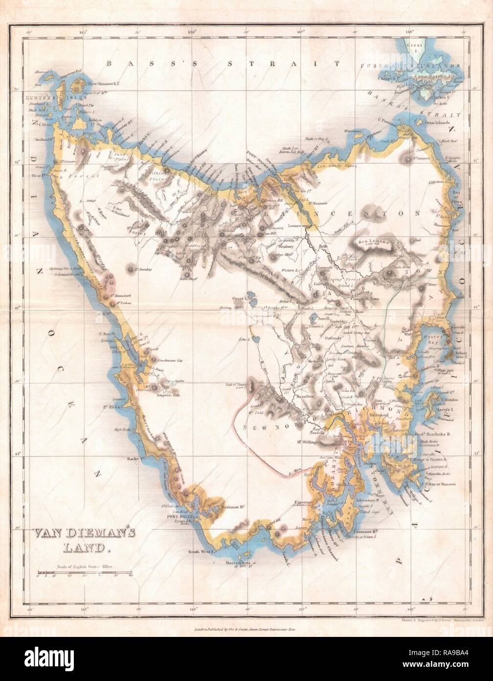 1837, Dower Map of Van Dieman's Land or Tasmania. Reimagined by Gibon. Classic art with a modern twist reimagined Stock Photo