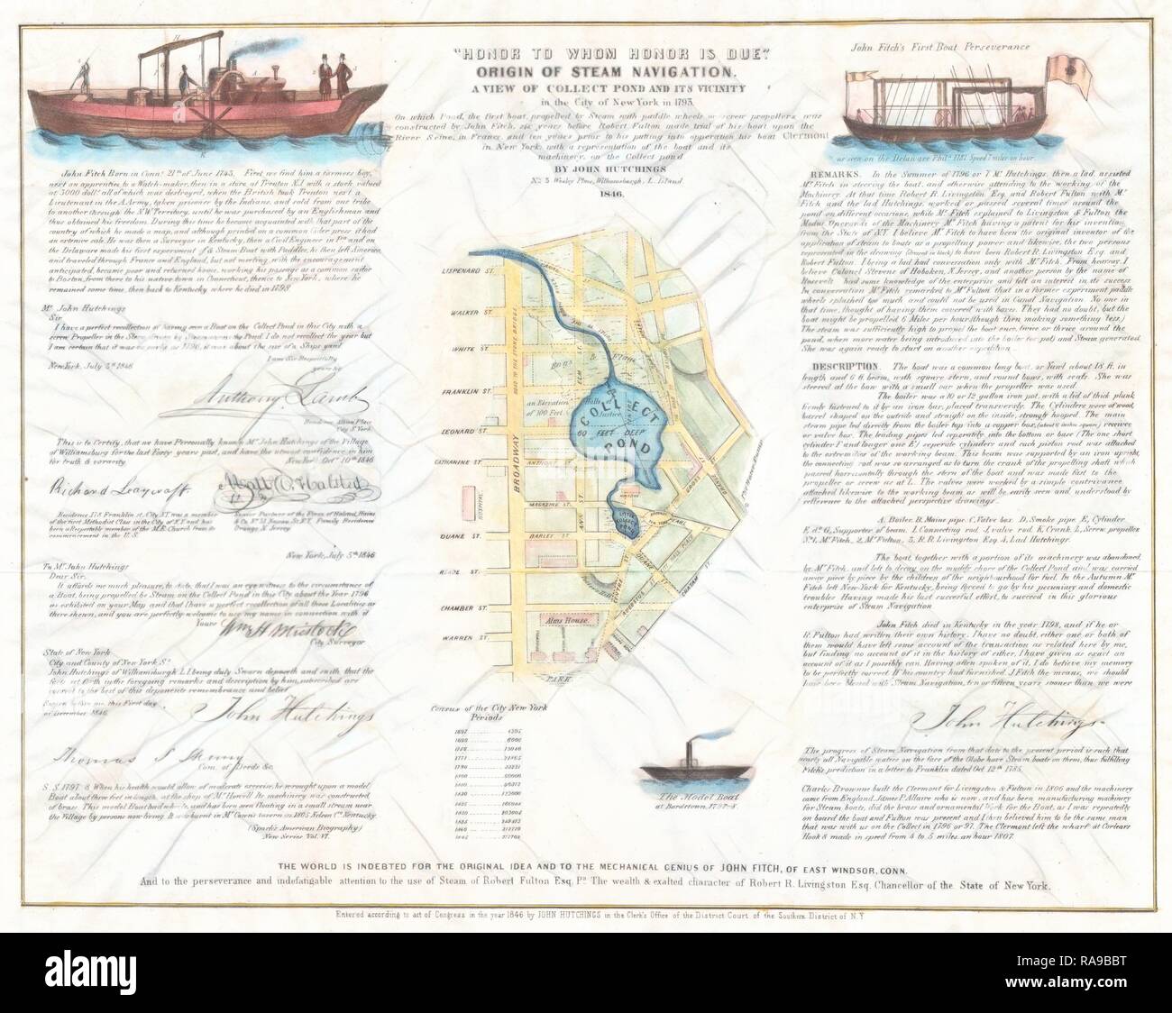 1846, Broadside of the Collect Pond, New York and Steam Boat, Five Points . Reimagined by Gibon. Classic art with a reimagined Stock Photo