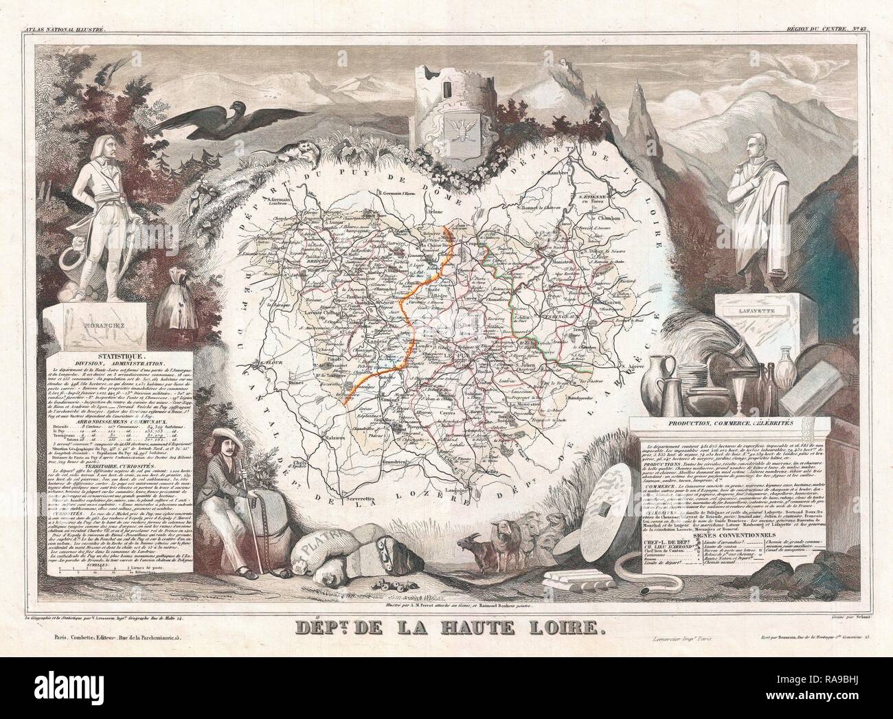 1852, Levasseur Map of the Department De La Haute Loire, France, Loire Valley Region. Reimagined by Gibon. Classic reimagined Stock Photo