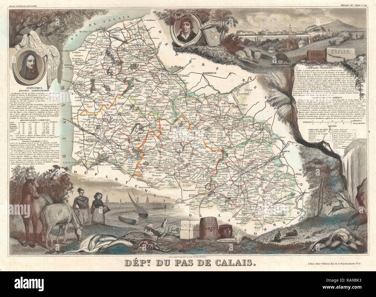 1852, Levasseur Map of the Department De Pas de Calais, France, Maroilles Cheese Region. Reimagined by Gibon. Classic reimagined Stock Photo