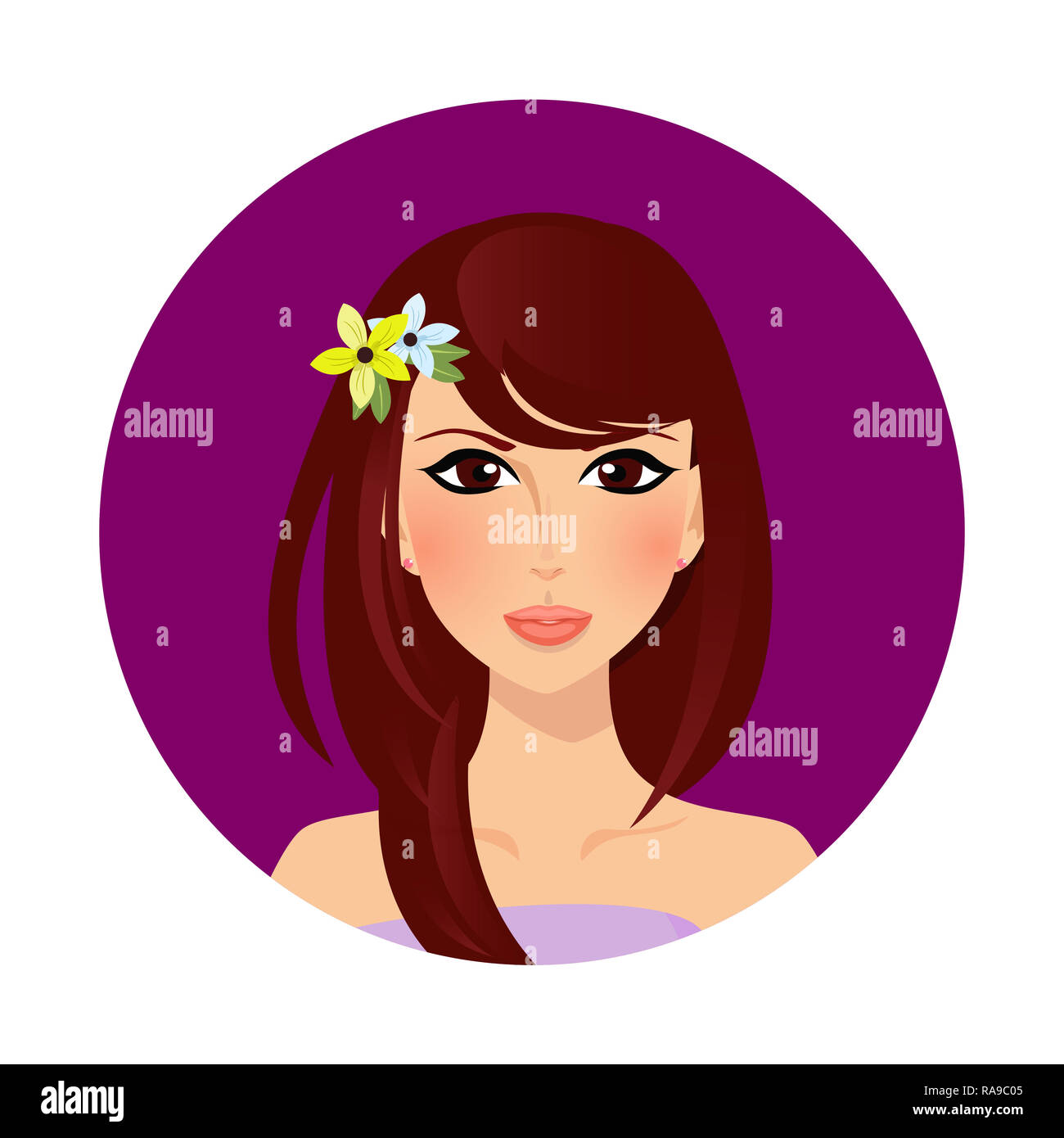 Beautiful brunette girl with hazel eyes and long hair style and flowers on  head. Upper body woman cartoon character portrait on white background. il  Stock Photo - Alamy