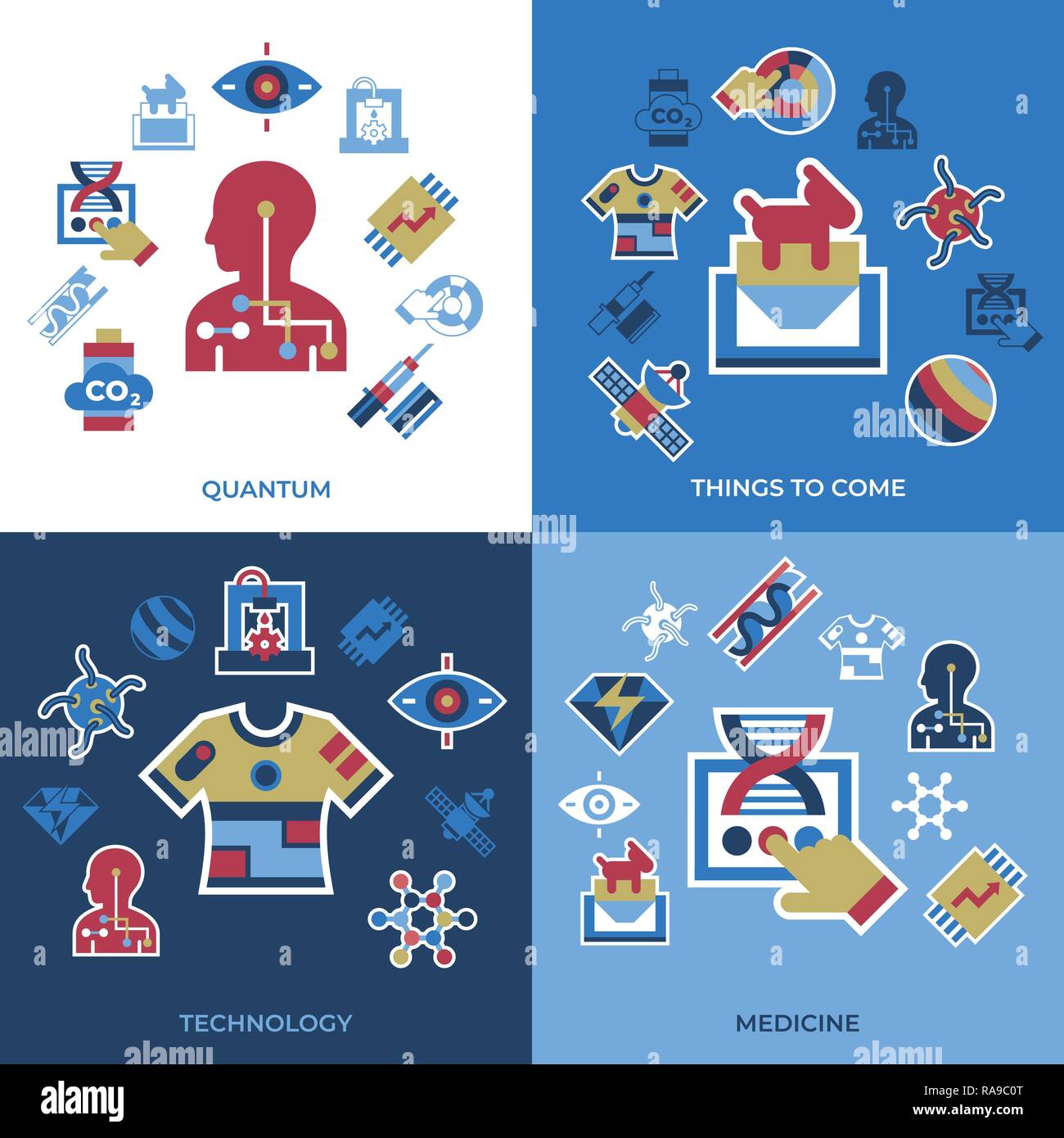 Digital vector quantum things to come technology icons set, flat style infographics Stock Vector