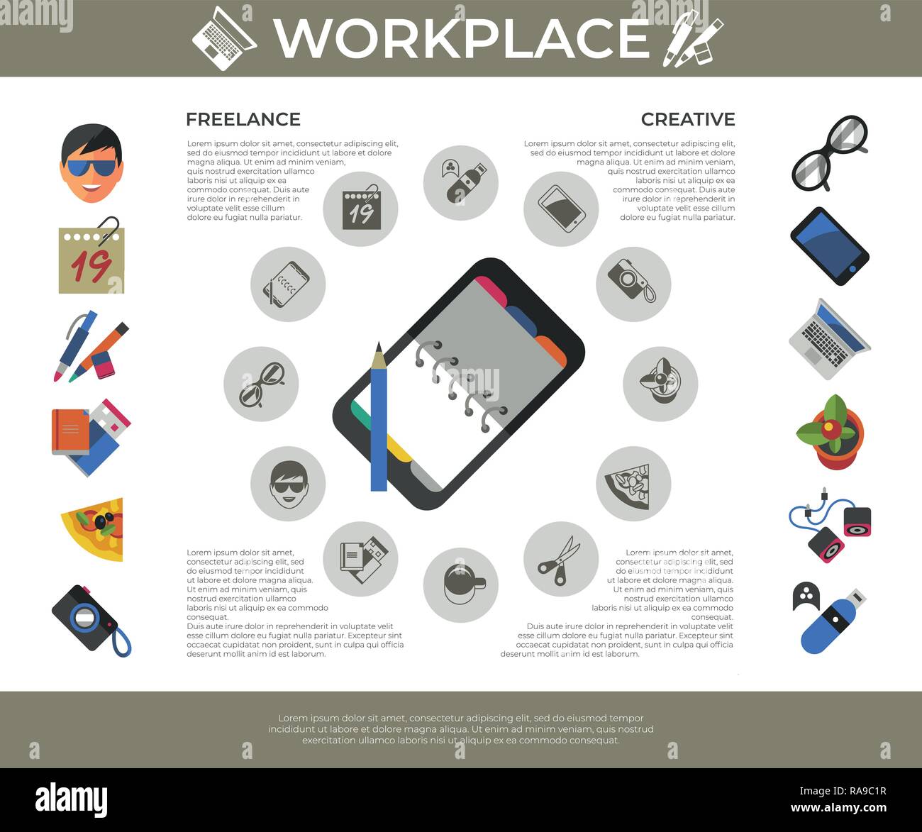 Digital vector freelance creative workplace icons set, flat style infographics Stock Vector