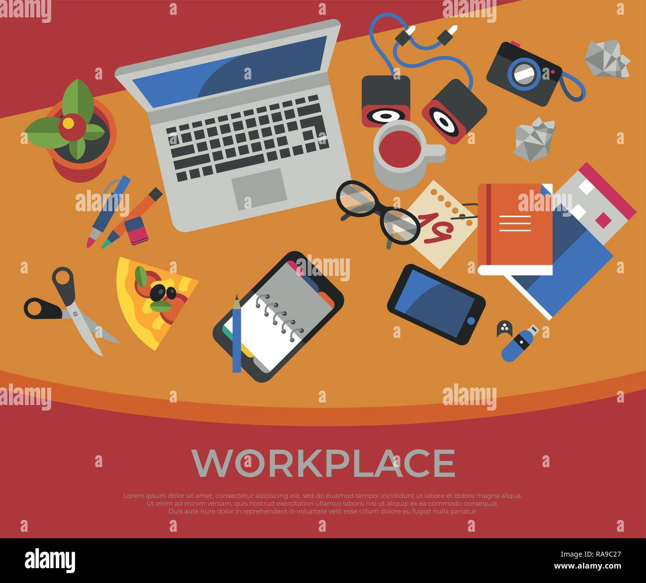 Digital vector freelance creative workplace icons set, flat style infographics Stock Vector