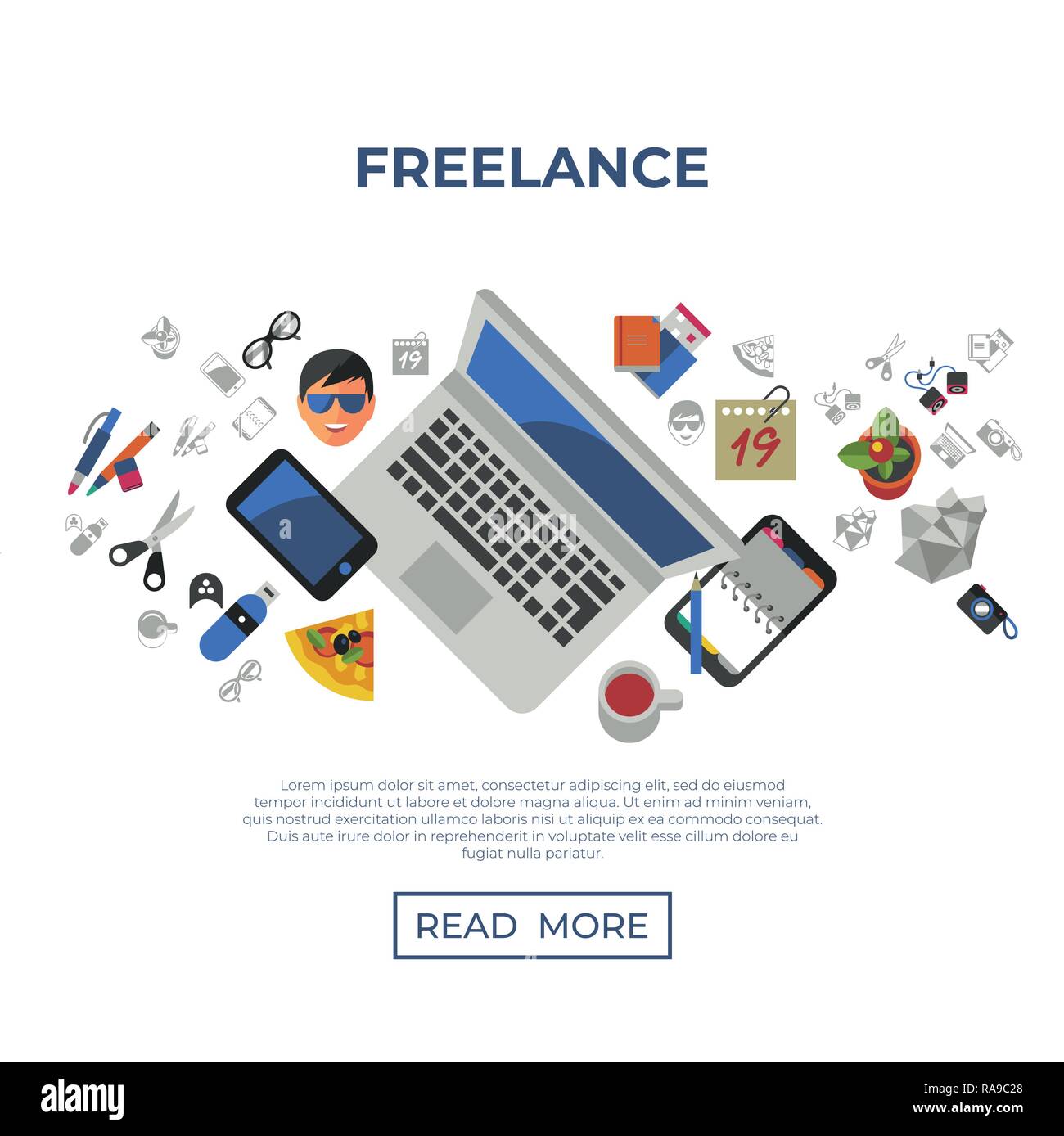Digital vector freelance creative workplace icons set, flat style infographics Stock Vector