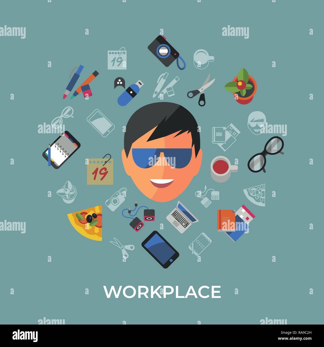 Digital vector freelance creative workplace icons set, flat style infographics Stock Vector