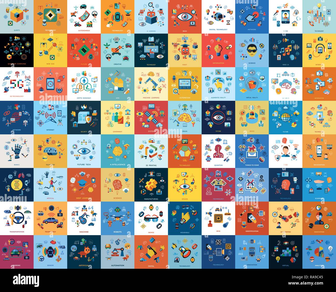 Digital vector technological innovation icons set, flat style ...
