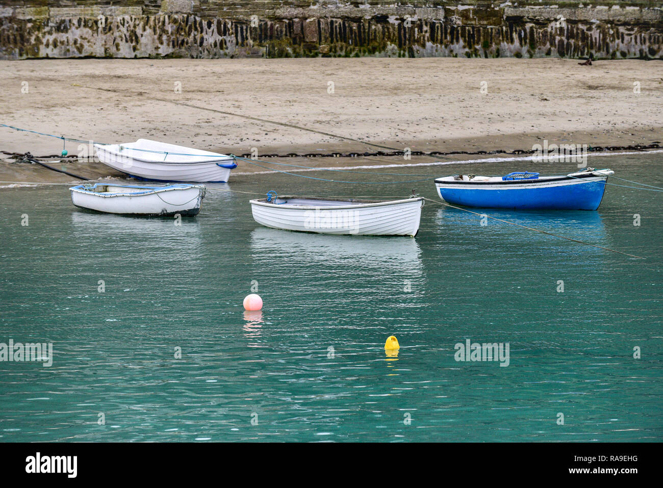 Four dinghies tied up moored in Newquay Harbour Harbor in Newquay in Cornwall. Stock Photo