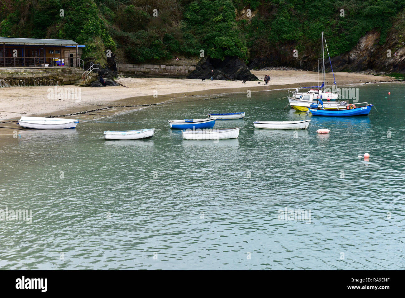 Dinghies and small boats tied up in Newquay Harbour Harbor in Newquay in Cornwall. Stock Photo