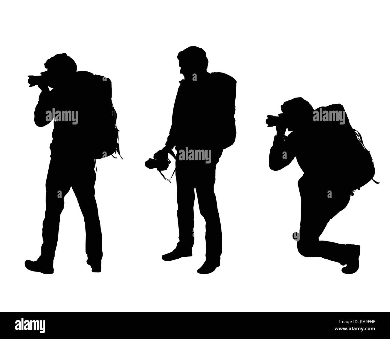 Set realistic silhouettes of three men tourist photographer with camera and backpack - Vector Stock Vector