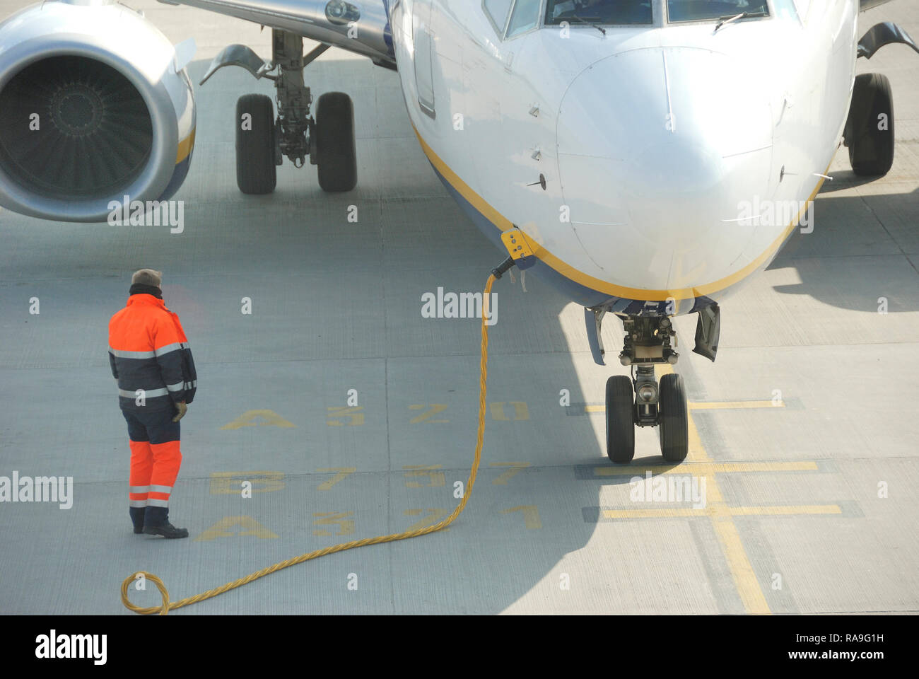 Dusseldorf,Germany-March 03,2016: Ground handling of air plane at Düsseldorf International Airport. Germany, Europe. Stock Photo