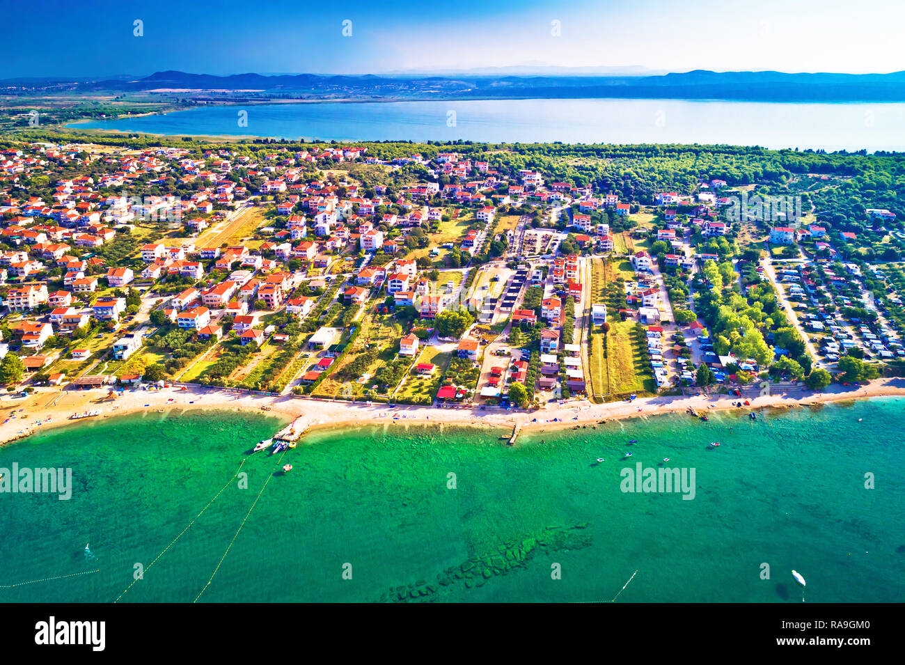Adriatic sea and Vransko lake aerial view, Town of Pakostane, Dalmatia region of Croatia Stock Photo