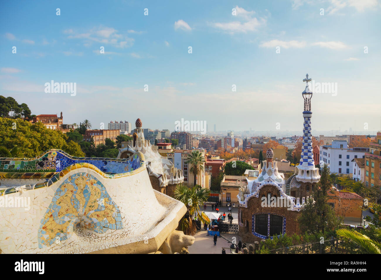 BARCELONA - DECEMBER 12: Overview of the entrance to park Guell on December 12, 2018 in Barcelona, Spain. Stock Photo
