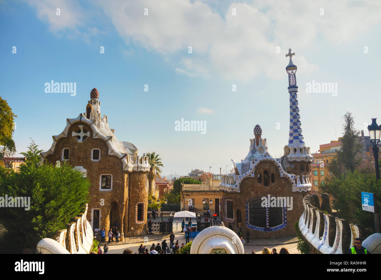 BARCELONA - DECEMBER 12: Overview of the entrance to park Guell on December 12, 2018 in Barcelona, Spain. Stock Photo