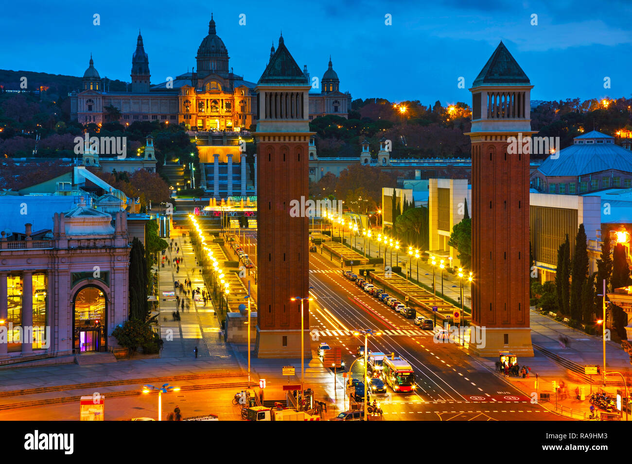 Aerial overview on Plaza Espanya in Barcelona, Spain at night Stock Photo
