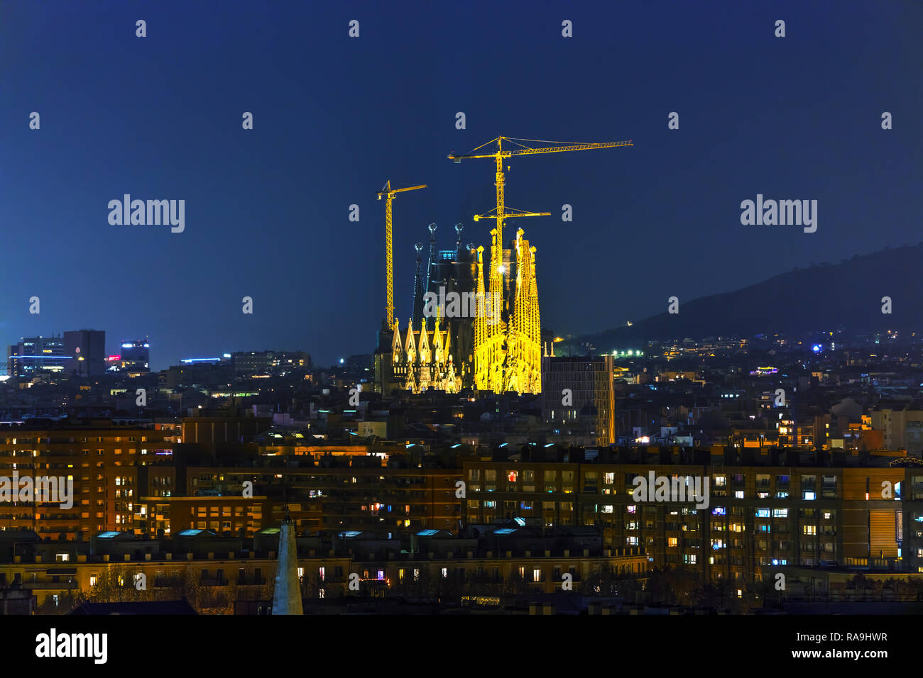 BARCELONA - DECEMBER 14: Aerial overview with Sagrada Familia at night time on December 14, 2018 in Barcelona, Spain. Stock Photo