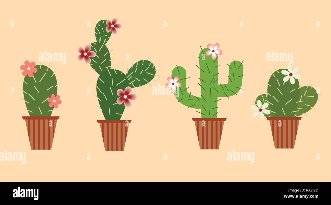 Set of cacti with flowers in pots. Flat style. Vector illustration ...