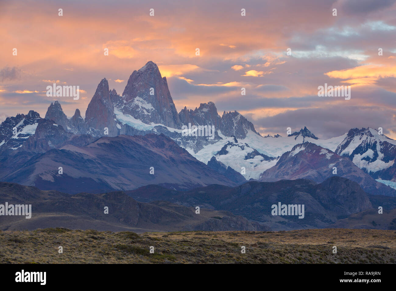 Sunset over Mount Fitz Roy in Argentina. Stock Photo