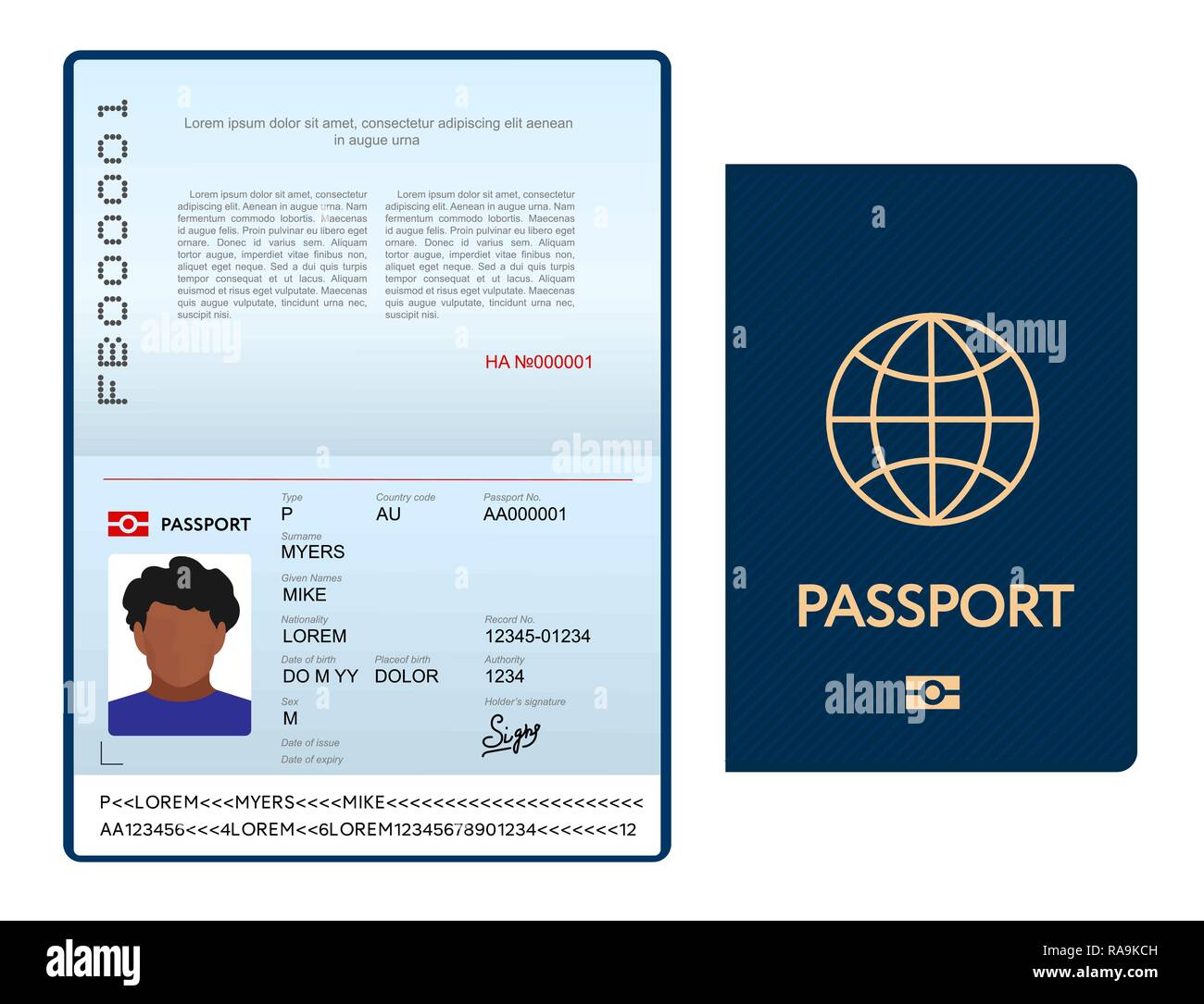 Opened international passport template with blue cover Stock Vector