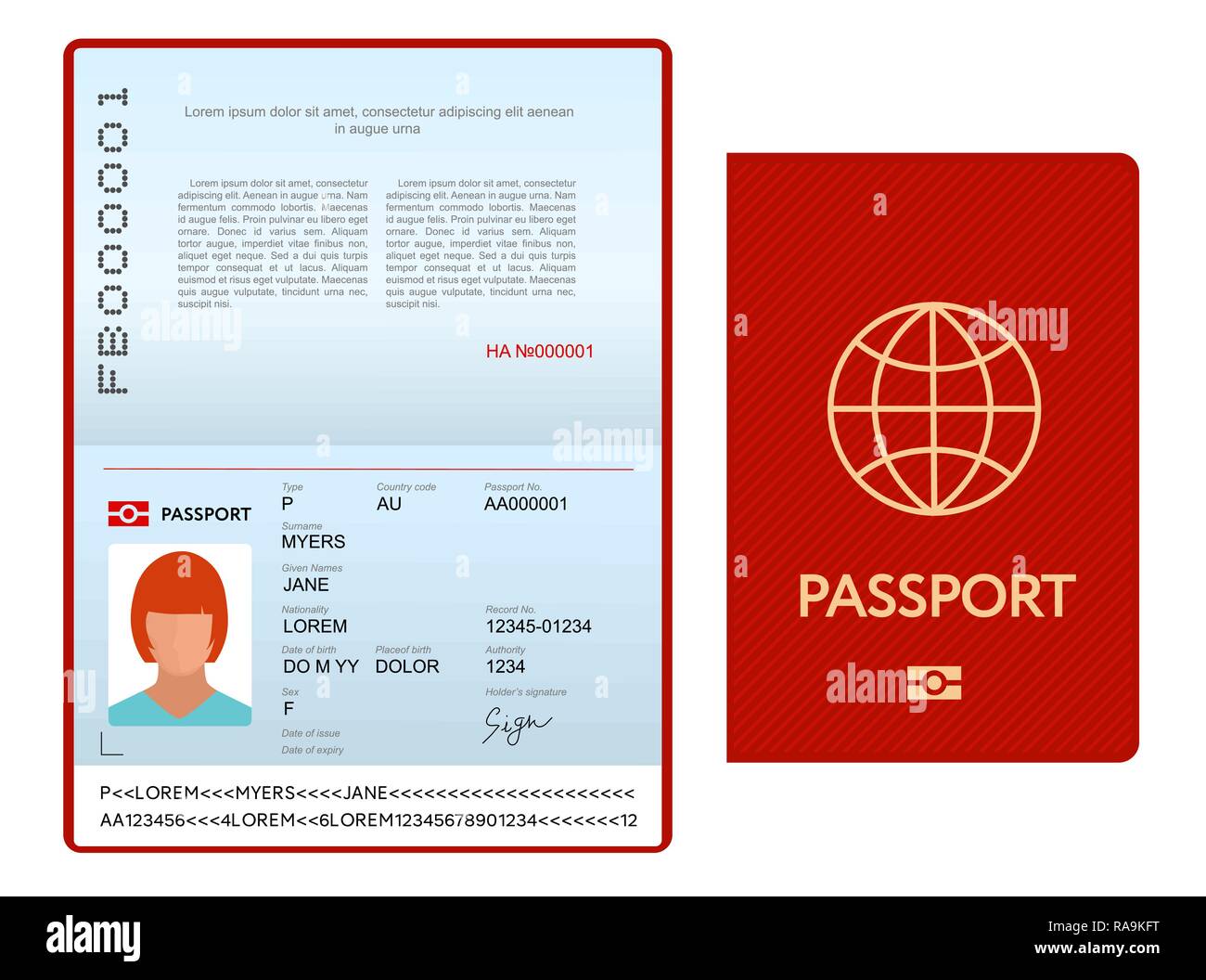 Opened international passport template with red cover Stock Vector