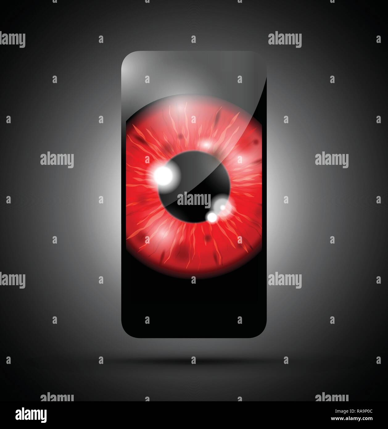 red realistic eyeball on a cell mobile phone Stock Vector