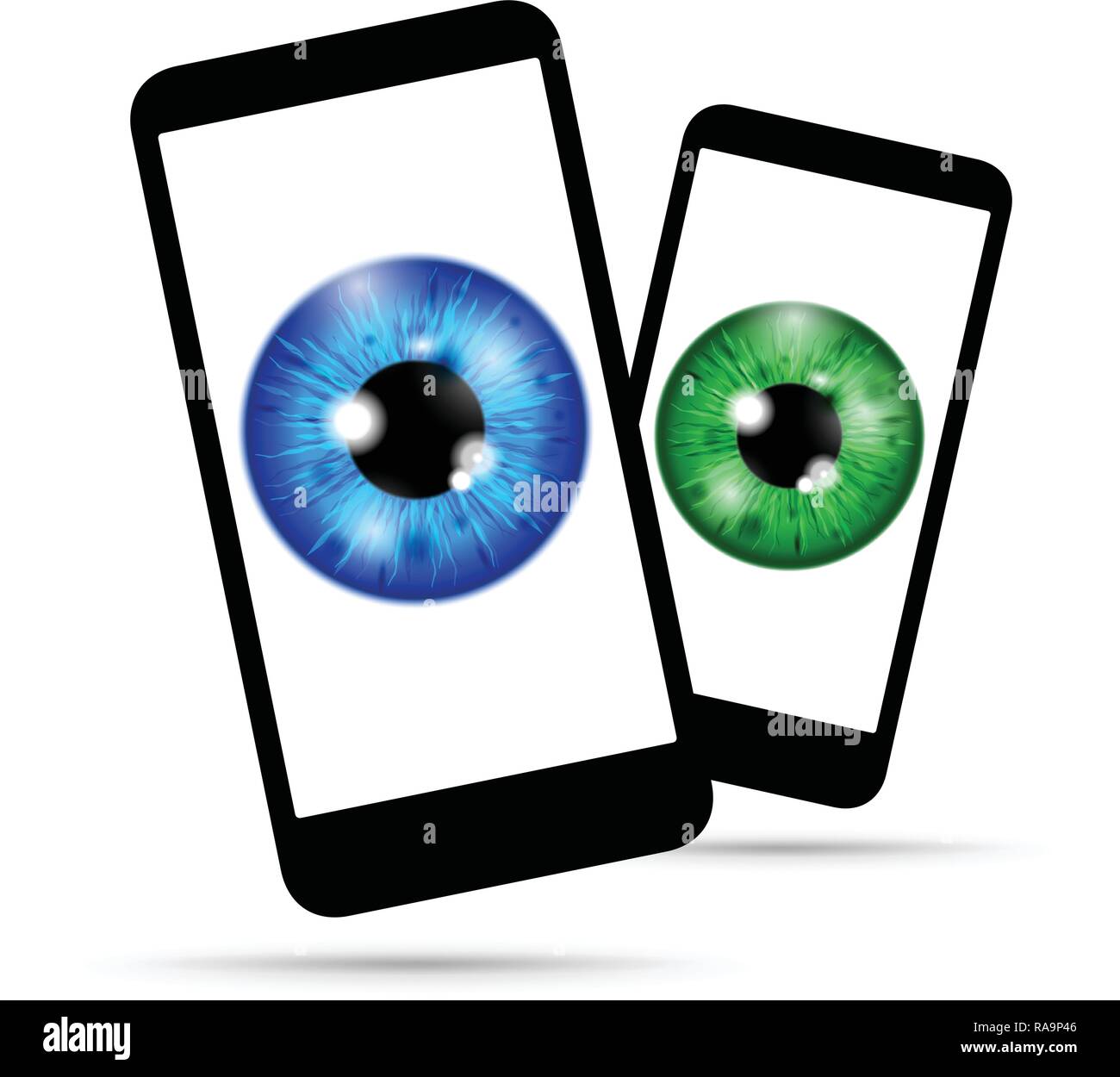 realistic eyeball on a cell mobile phone set Stock Vector