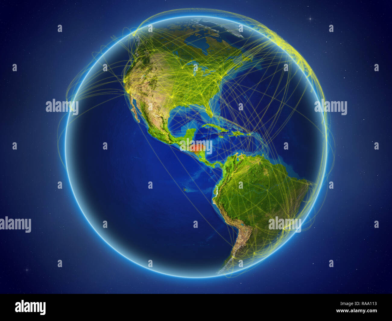 Honduras from space on planet Earth with digital network representing ...