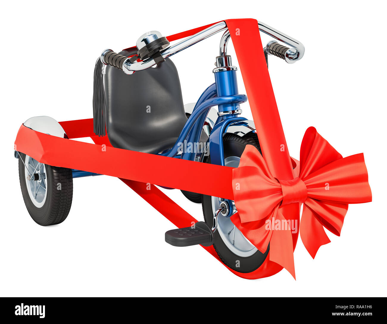 Children's tricycle with bow and ribbon, gift concept. 3D rendering ...
