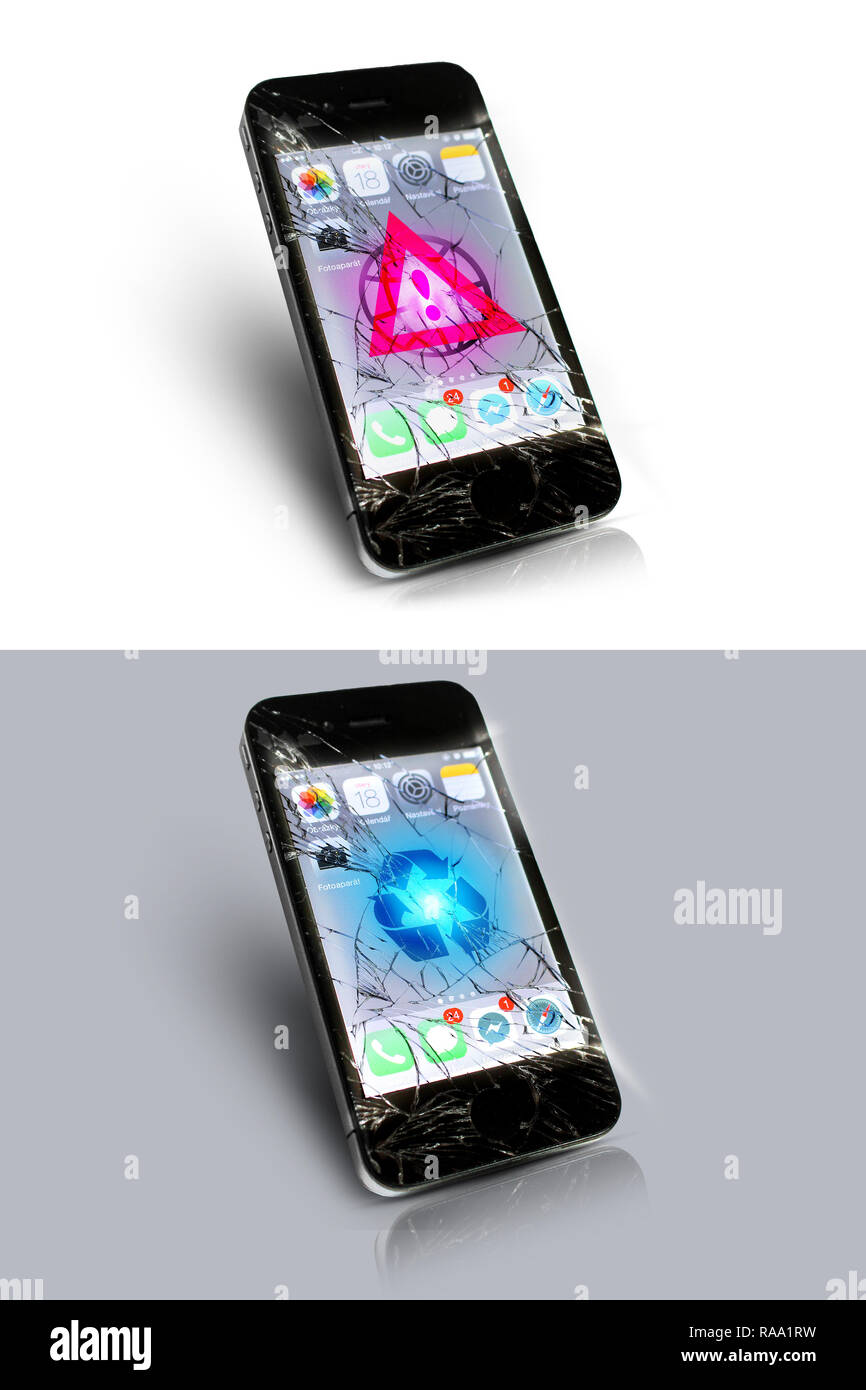 Iphone 4 cracked glowing display and logo apple, warning signs, check mark, recycle symbol Stock Photo