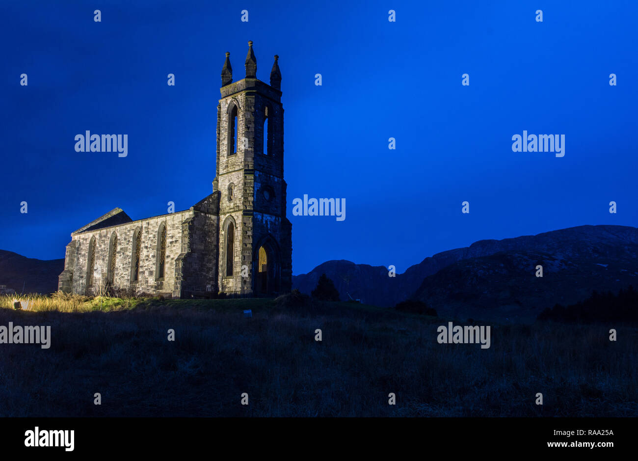 Ruined Church of Ireland in The Poisoned Glen Dunlewey Gweedore Donegal Ireland Europe Stock Photo